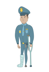 Injured policeman with broken leg on crutches. Full length of young hispanic policeman with broken leg in bandages. Vector sketch cartoon illustration isolated on white background.
