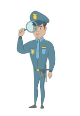 Hispanic detective with a magnifying glass. Young detective and a magnifying glass. Detective looking through a magnifying glass. Vector sketch cartoon illustration isolated on white background.