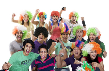 Portrait of youngsters with wigs cheering 