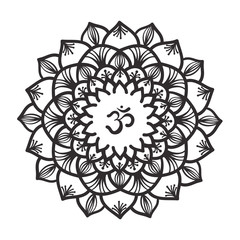 Mandala frame with Om symbol. Hand drawn oriental ornament for greeting card, invitation, coloring book, yoga poster.