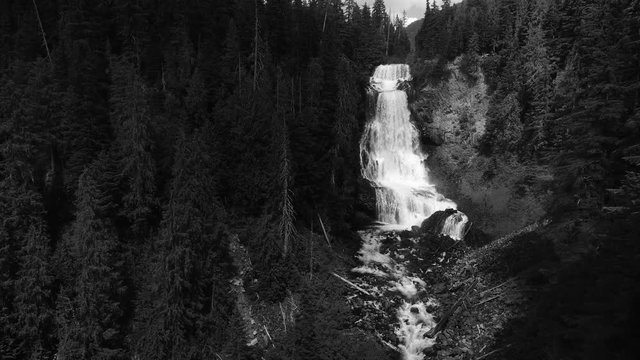Black and White Aerial in British Columbia Wilderness Flying at Alexnder Falls Waterfall