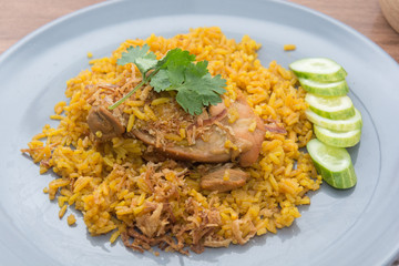 Chicken Biryani with rice and sauce. halal food (Khao Mok Gai)