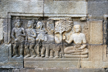 Relief in Mendut Temple, located near Borobudur Temple, Java, Indonesia