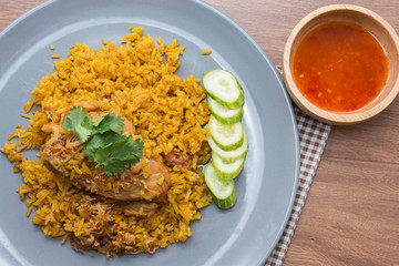Chicken Biryani with rice and sauce. halal food (Khao Mok Gai)