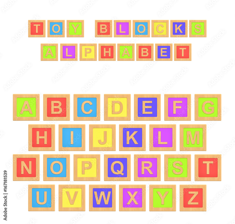 Poster 3d rendering of a colorful alphabet with a writing toy blocks alphabet above all letters.