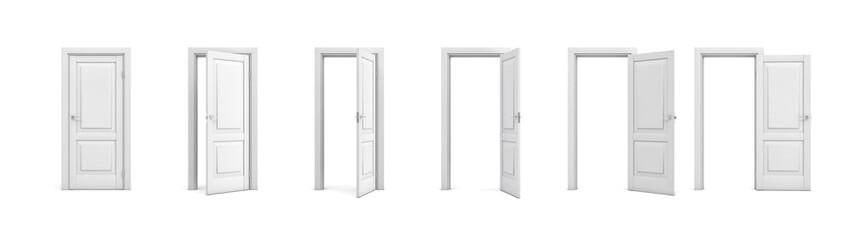 3d rendering set of white wooden doors in different stages of opening.