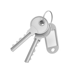 3d rendering of two isolated silver keys on a key ring with a blank label