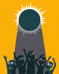 People celebrate watching the solar eclipse with protective glasses. poster template, web banner, or card. retro vector illustration. - 167182126