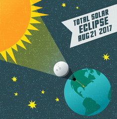 retro science illustration of the solar eclipse with starry night background. Web banner, card, poster or t-shirt design. vector illustration.