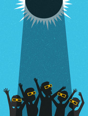 People celebrate watching the solar eclipse with protective glasses. poster template, web banner, or card. retro vector illustration. - 167182173