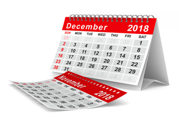 2018 year calendar. December. Isolated 3D illustration