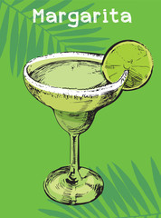 Handmade summer tropical cocktail of palm leaf background. Margarita cocktail.