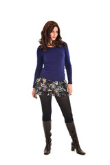 full length portrait of brunette woman wearing modern casual clothes. standing pose, isolated on...