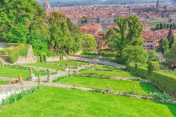 Beautiful landscape panorama on historical view Gardens of Bardini (Giardino Bardini) and Boboli Gardens( Giardino di Boboli). Italy.