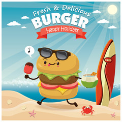 Vintage burger poster beach design with burger character.