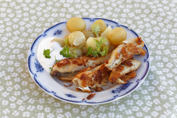 Meal of fried perch fish, potato, parsley and sour cream on a plate