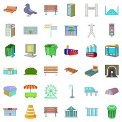 Town icons set, cartoon style