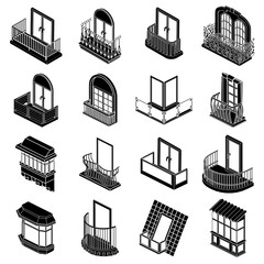 Balcony window forms icons set, simple style