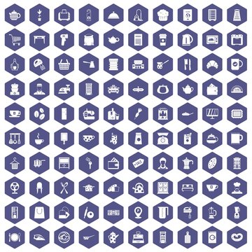 100 kitchen utensils icons hexagon purple