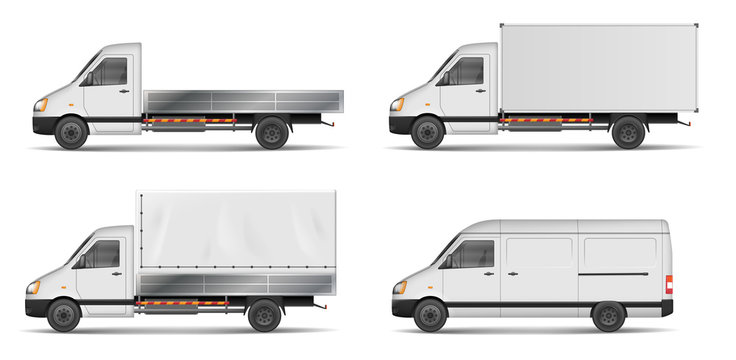 Set of realistic white cargo vehicles. vector illustration with heavy truck, trailer, lorry, Mini bus, delivery van isolated. Side view mockup.