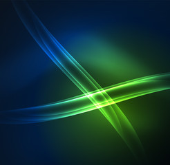 Energy lines, glowing waves in the dark, vector abstract background