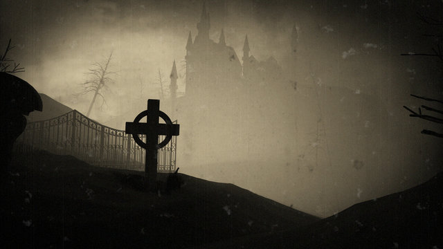 Dark castle on a Graveyard. Old film effects. Halloween