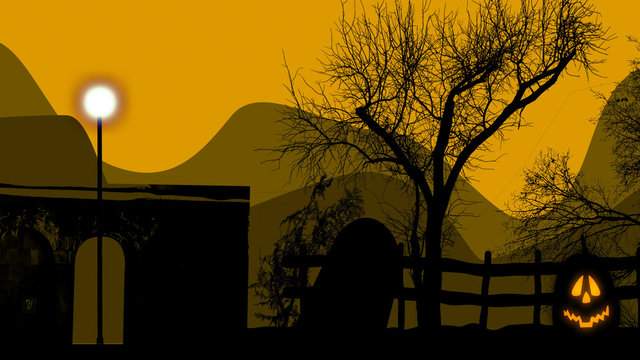 A pumpkin light on a graveyard and yellow sky.