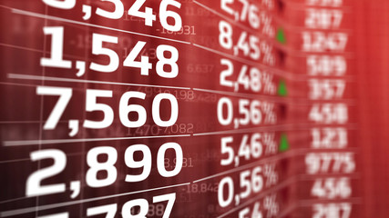 Data analyzing in forex market: quotes on a red display.