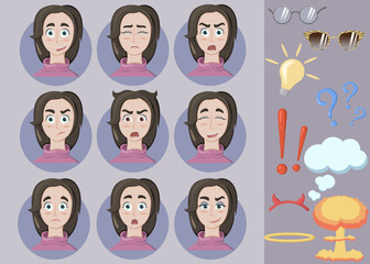 Woman with different face expressions.Easy to modify and edit