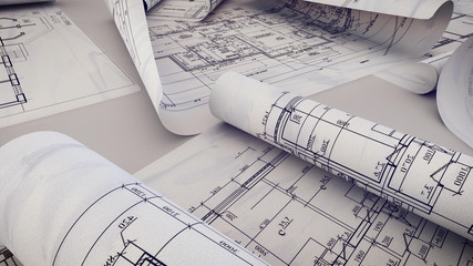  Architectural project, blueprints, blueprint rolls on plans.