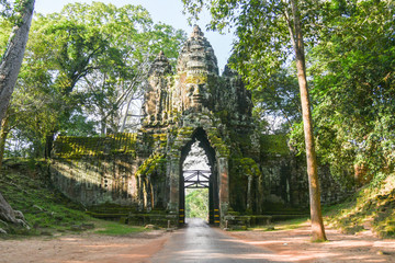 Bayon Temple Entrance, Angkor Thom gate, Siem Reap, Cambodia.Stone Gate of Angkor Thom in Cambodia