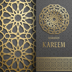 3d Ramadan Kareem greeting card,invitation islamic style.Arabic circle golden pattern.Gold ornament on black,islamic brochure