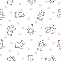 Obraz premium Teddy bear plush seamless vector pattern. Cute kid pajamas white texture with toy bear and heart shapes.