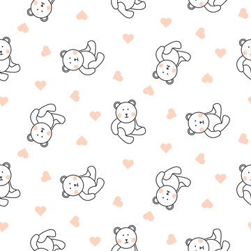 Teddy bear plush seamless vector pattern. Cute kid pajamas white texture with toy bear and heart shapes.