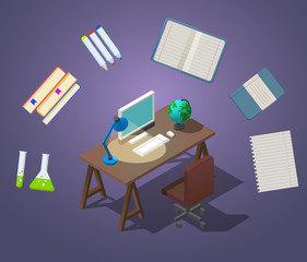Welcome to school Concept isometric vector illustration. Workplace for the student. Occupation at the computer. A table with a chair, a computer with a globe on the table and a table lamp are shining.
