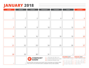 Calendar Planner Template for January 2018. Business Planner Template. Stationery Design. Week starts on Sunday. 3 Months on the Page. Vector Illustration
