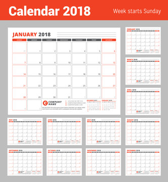 Calendar Planner Template for 2018 year. Business Planner Template. Stationery Design. Week starts on Sunday. Vector Illustration