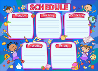 School timetable schedule, colorful vector illustration.