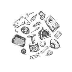 Pet shop. Vector Hand drawn collection. Isolated objects on white. Sketch style