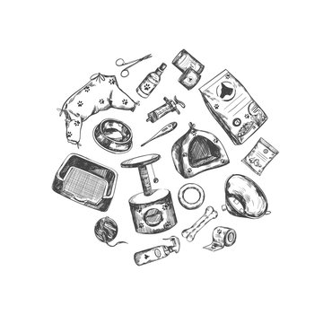 Pet shop. Vector Hand drawn collection. Isolated objects on white. Sketch style