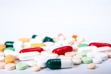 Pills and capsule collection on the white background.