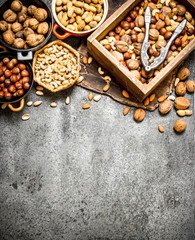 Many different nuts in the box and bowls.