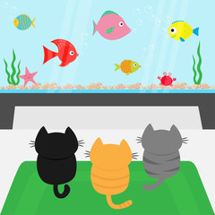 Three kittens on carpet rug looking to big aquarium with fish set. Little cat family. Pet animal collection. Cute cartoon funny character. Flat design. White background Isolated