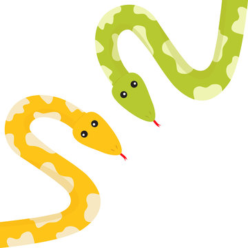 Yellow green python snake set with tongue. Golden crawling serpent and spot. Cute cartoon character. Flat design. White background. Isolated.
