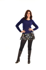Full length portrait of a brunette girl wearing casual modern clothes. standing pose, isolated against white background