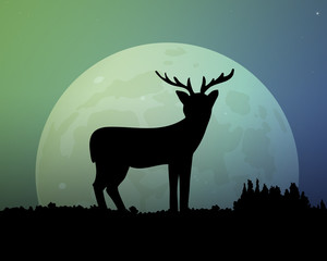 Big moon in the night sky. Deer silhouette.