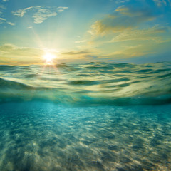 Sky and Sea Water divided by waterline. Ocean aquatic nature design. Tropical shining waters
