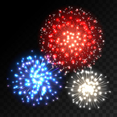 Colorful fireworks explosion on transparent background. Blue, white and red lights. New Year or holiday celebration fireworks on black. Abstract Vector illustration.