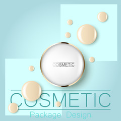 compact foundation and a drop of the design template advertising cosmetics 3d. Top view on a blue background realistic illustration of a packaging design cream.
