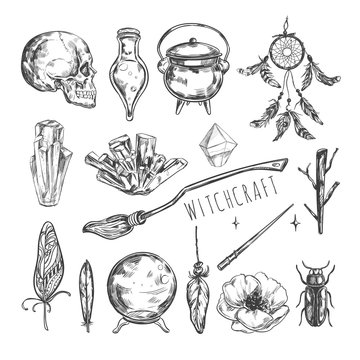 Vecto Hand drawn Magic set. Isolated objects on white. Halloween